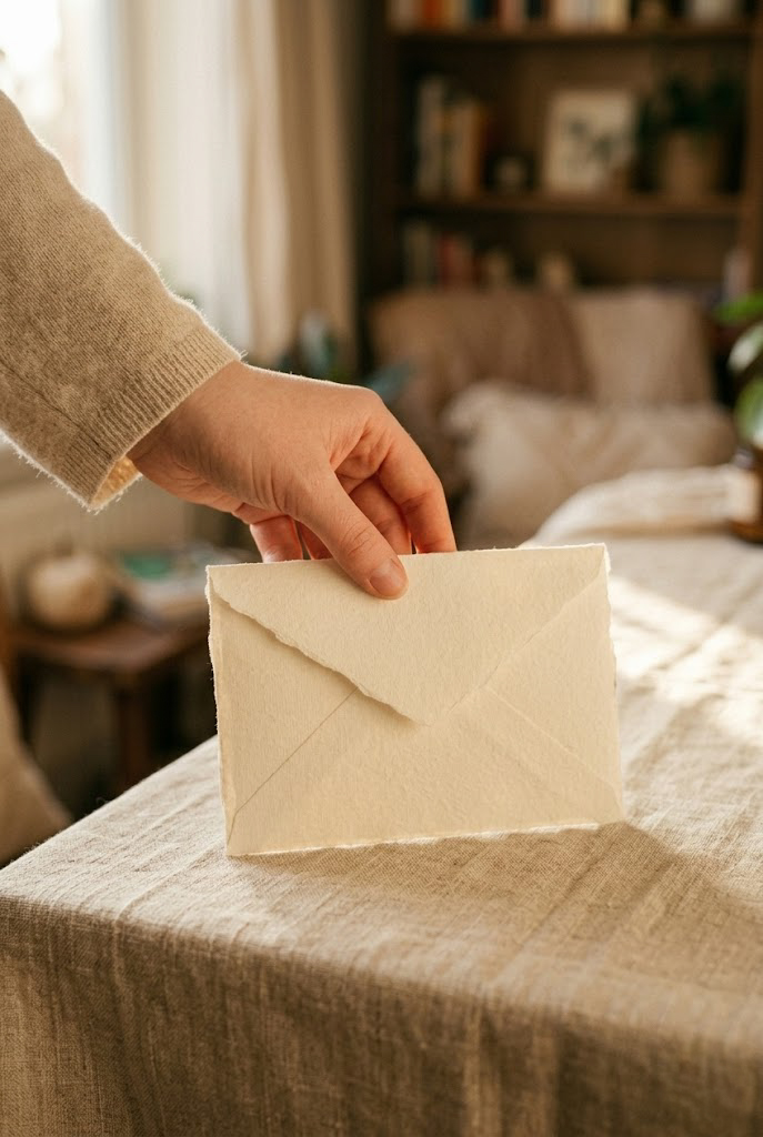 En hand som håller ett handskrivet kuvert